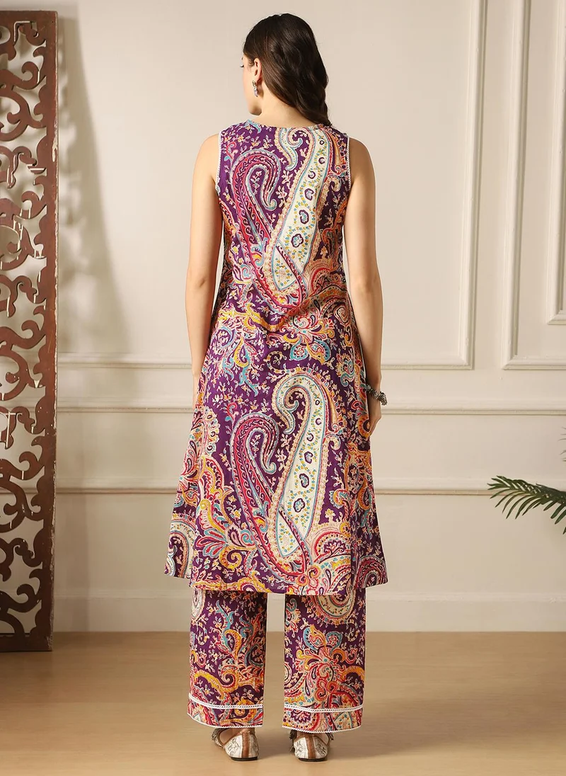 globus  Globus Women Purple Paisley Ethnic Print Lace Detail V-Neck Sleeveless A-Line Kurta & Pant Fusion Set for Women | Best Price UAE